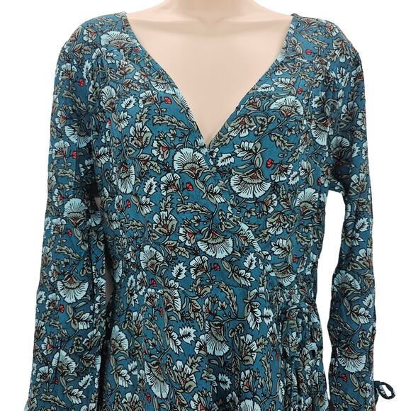 Band Of The Free Womans size M Jewel Teal Floral Faux Wrap Maxi Dress Boho NEW - Picture 2 of 8